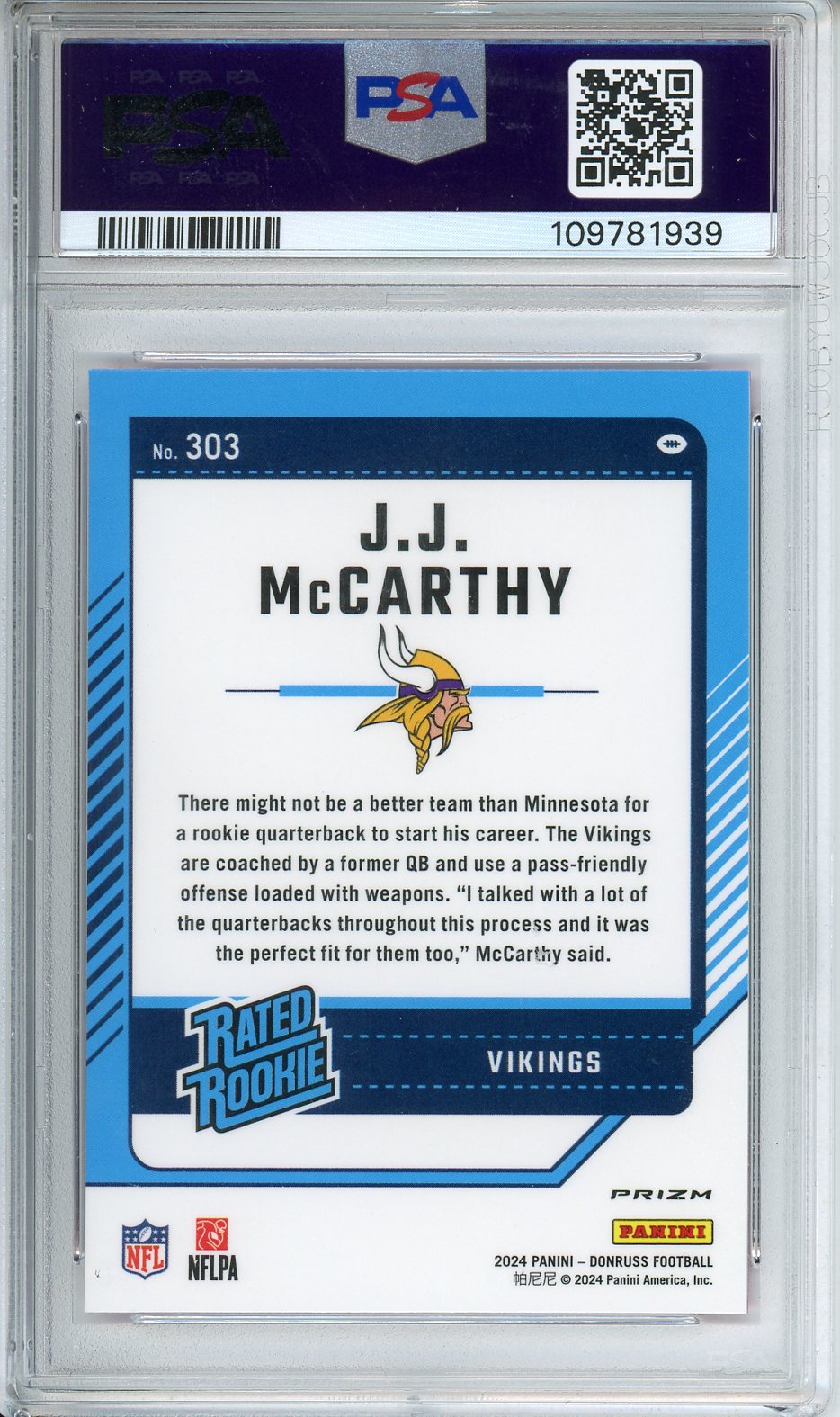 2024 DonRuss JJ McCarthy Optic Preview-Pink #303 PSA 10