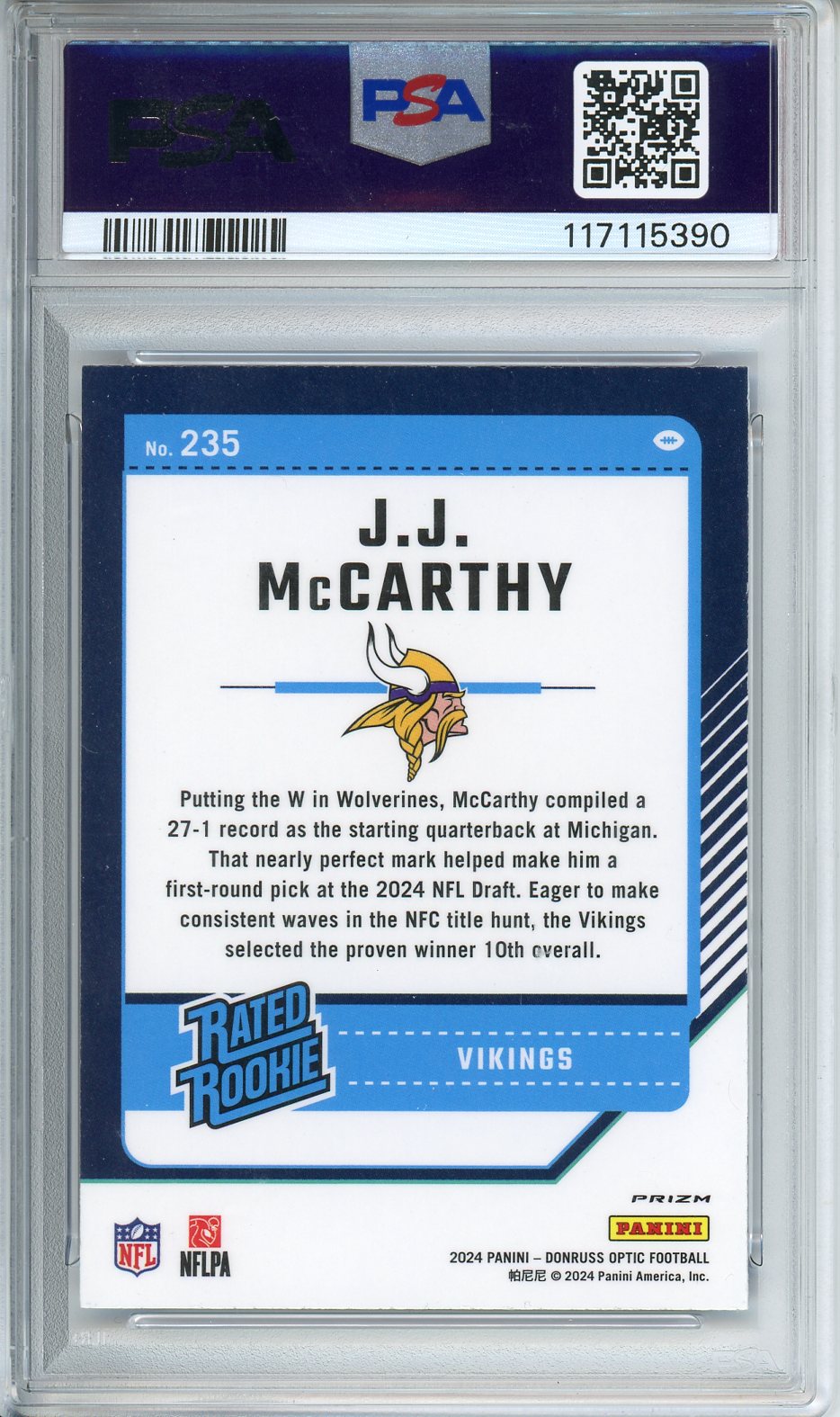 2024 DonRuss Optic JJ McCarthy Blue Hyper #235 PSA 10