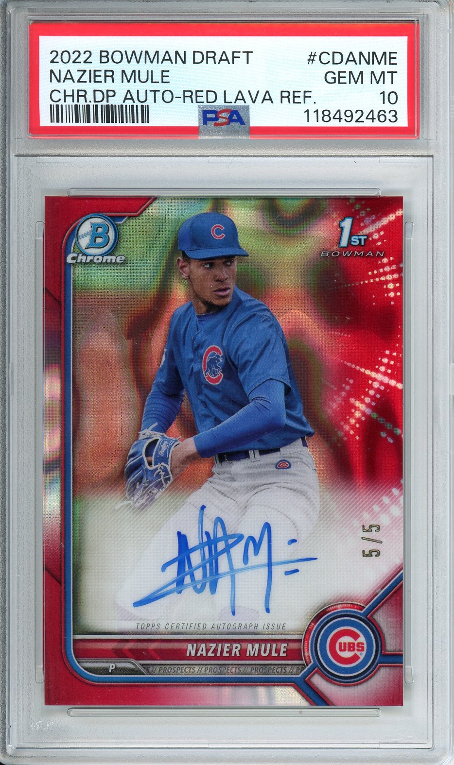 2022 Bowman Draft Nazier Mule CHR.DP Auto Red Lava Ref. #CDANME PSA 10
