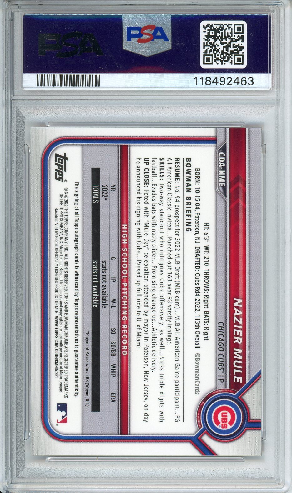 2022 Bowman Draft Nazier Mule CHR.DP Auto Red Lava Ref. #CDANME PSA 10