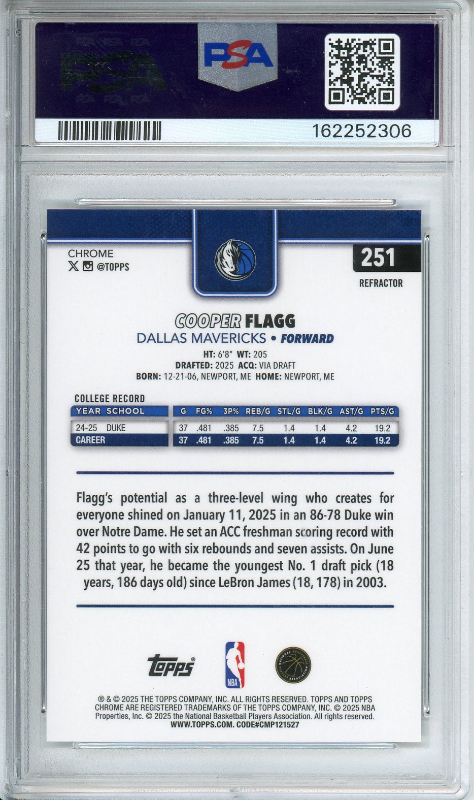 2025 Topps Chrome Cooper Flagg Refractor #251 PSA 10