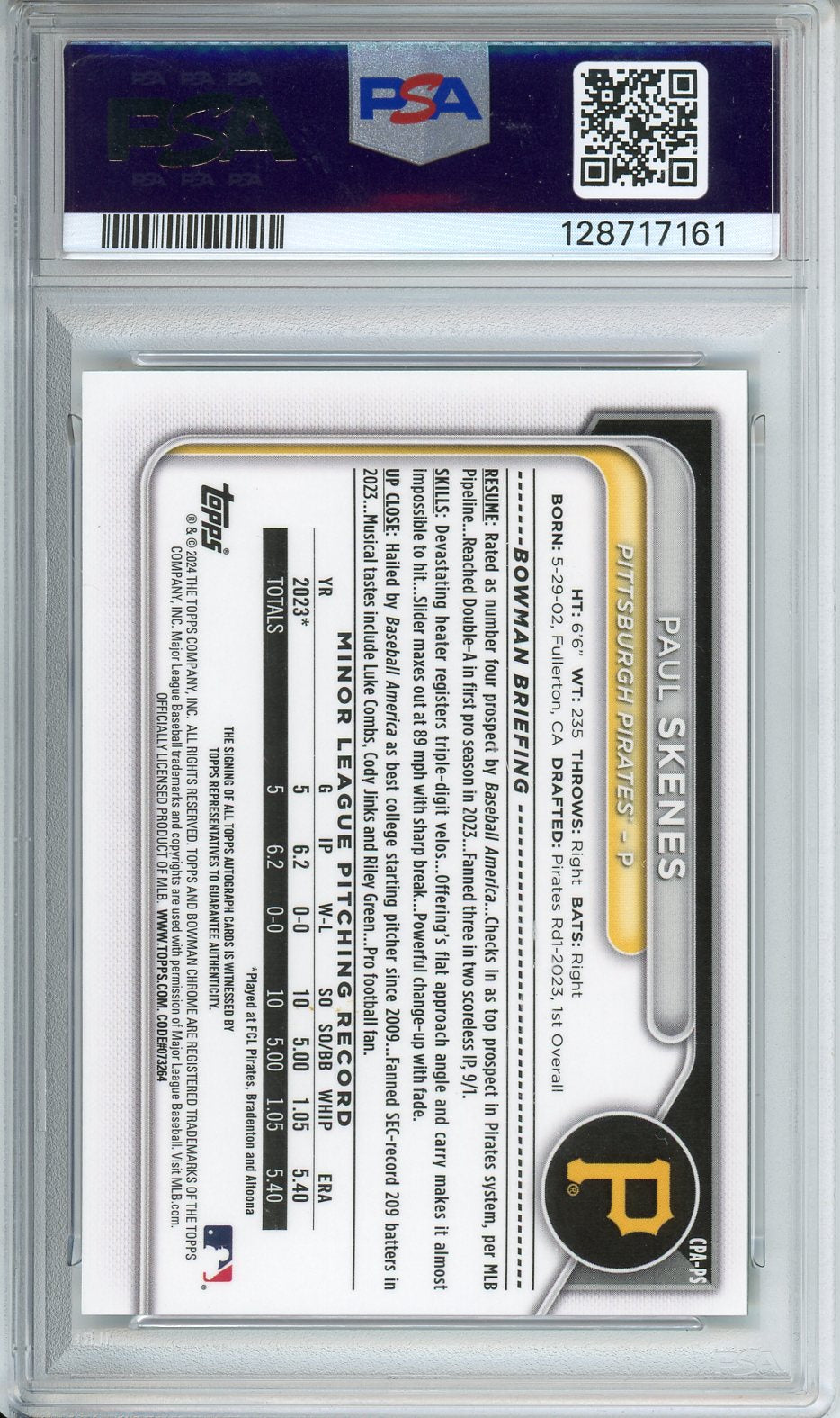 2024 Bowman Paul Skenes CHR PRSPCT AU-GRN GRASS REF #CPAPS PSA 9