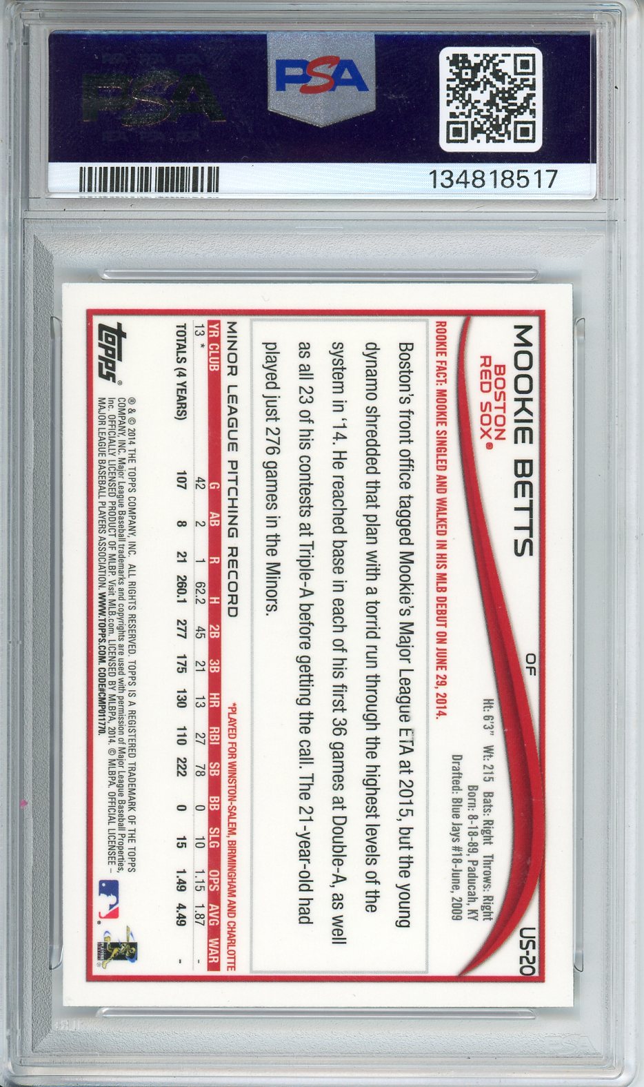 2014 Topps Chrome Update Mookie Betts PSA 10 Rookie