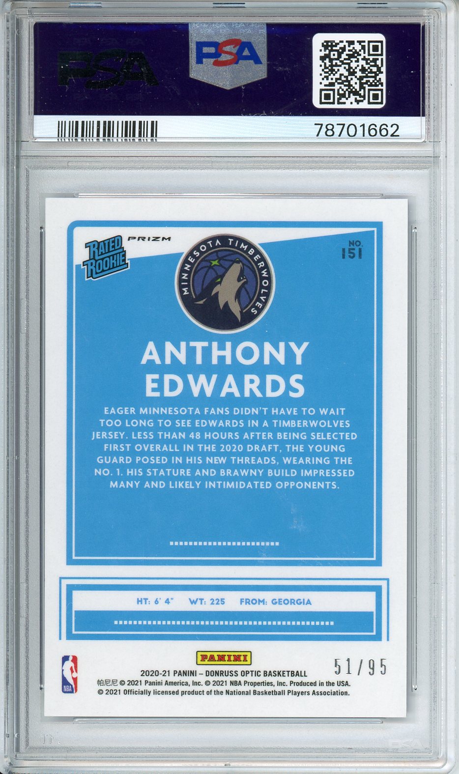 2020 DonRuss Optic Anthony Edwards Fast Break Purple #151 PSA 9