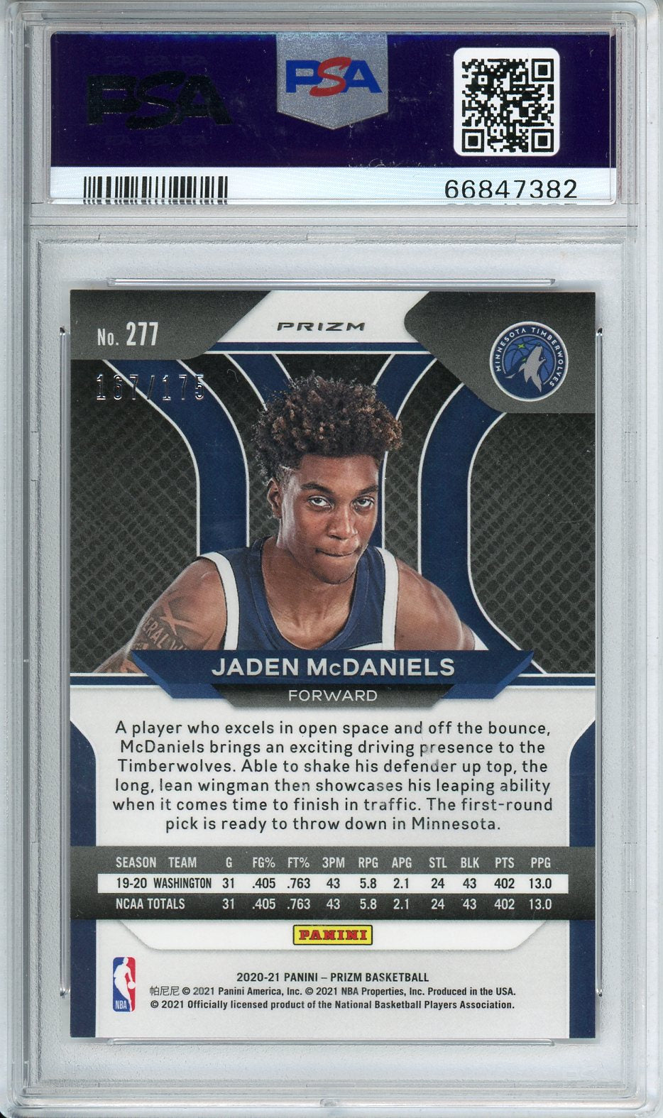 2020 Panini Prizm Jaden McDaniels Purple Ice #277 PSA 9