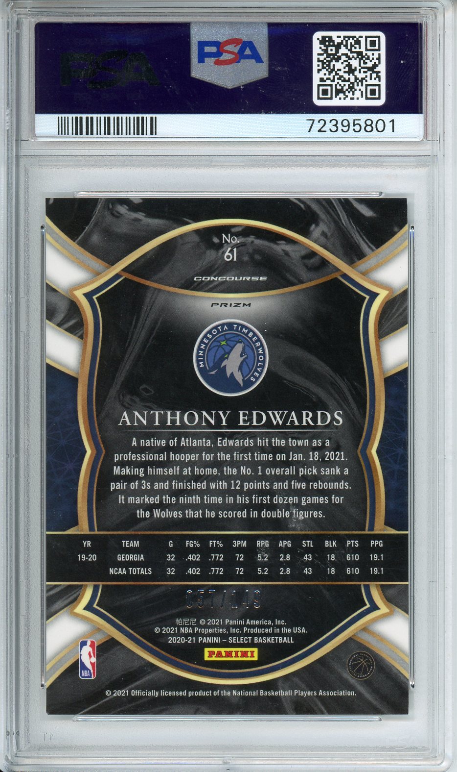 2020 Panini Select Anthony Edwards White Prizm #61 PSA 9
