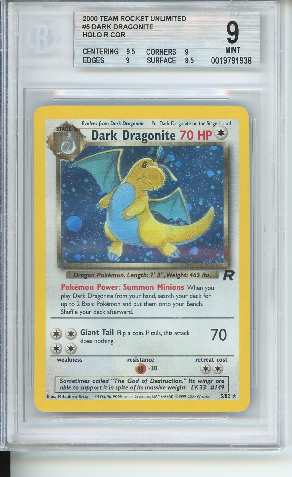 2000 Team Rocket Unlimited #5 Dark Dragonite Holo R Cor Beckett 9