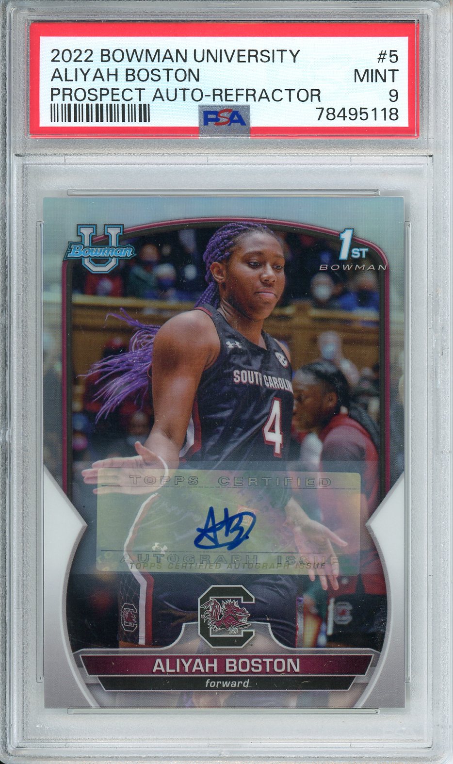 2022 Bowman University Aliyah Boston Prospect Auto-Refractor #5 PSA 9