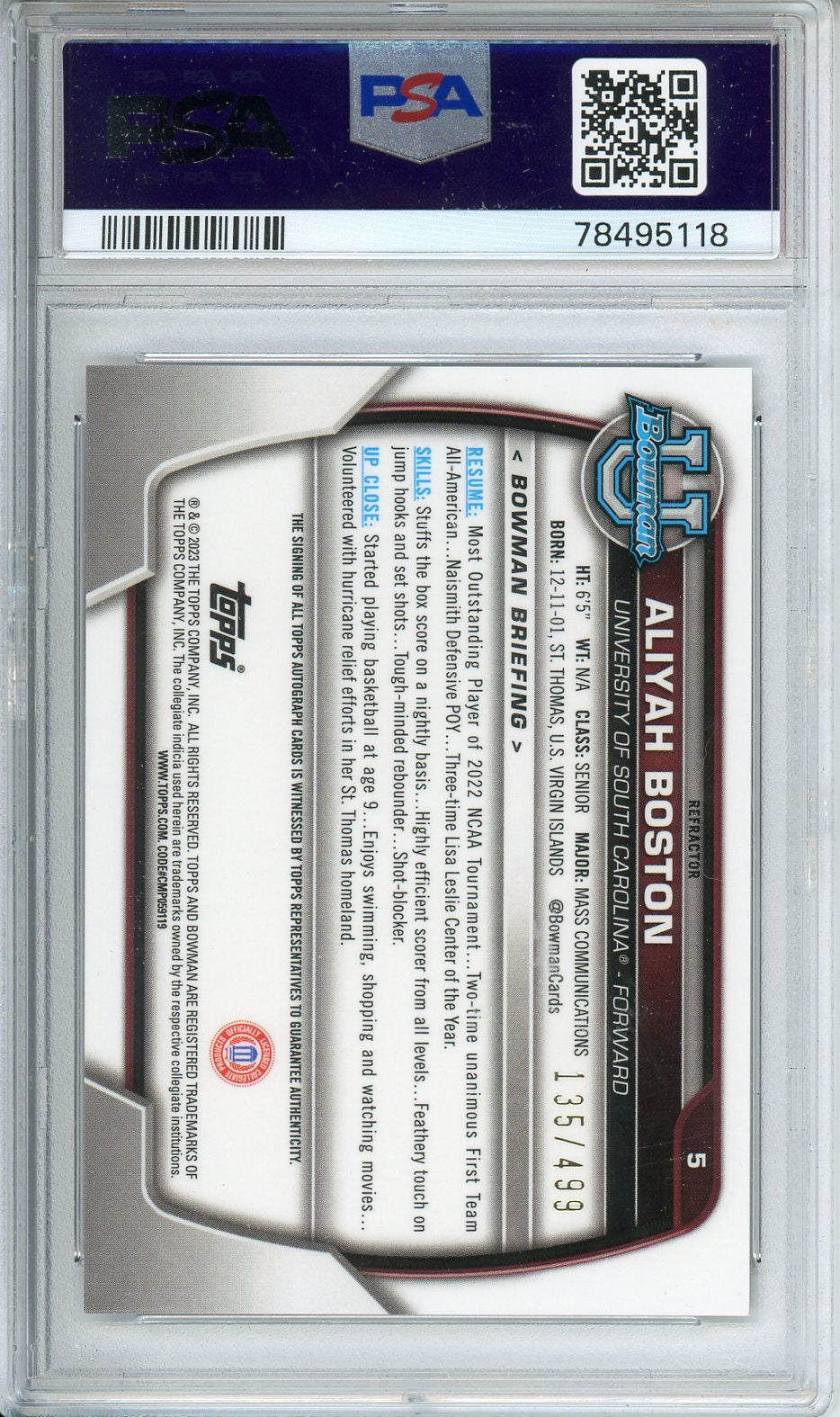 2022 Bowman University Aliyah Boston Prospect Auto-Refractor #5 PSA 9