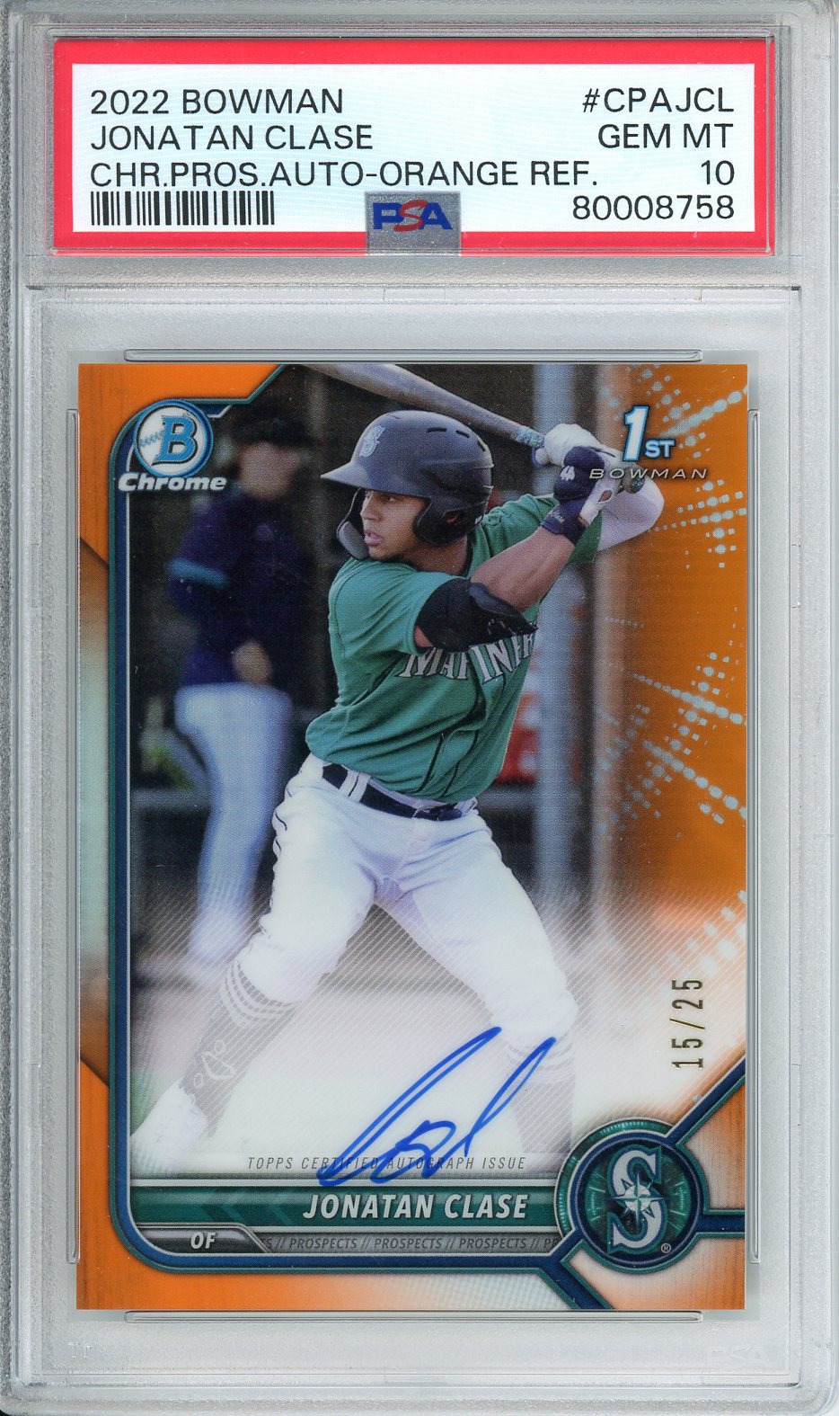 2022 Bowman Jonatan Clase CHR.PROS.AUTO.ORANGE REF. #CPAJCL PSA 10