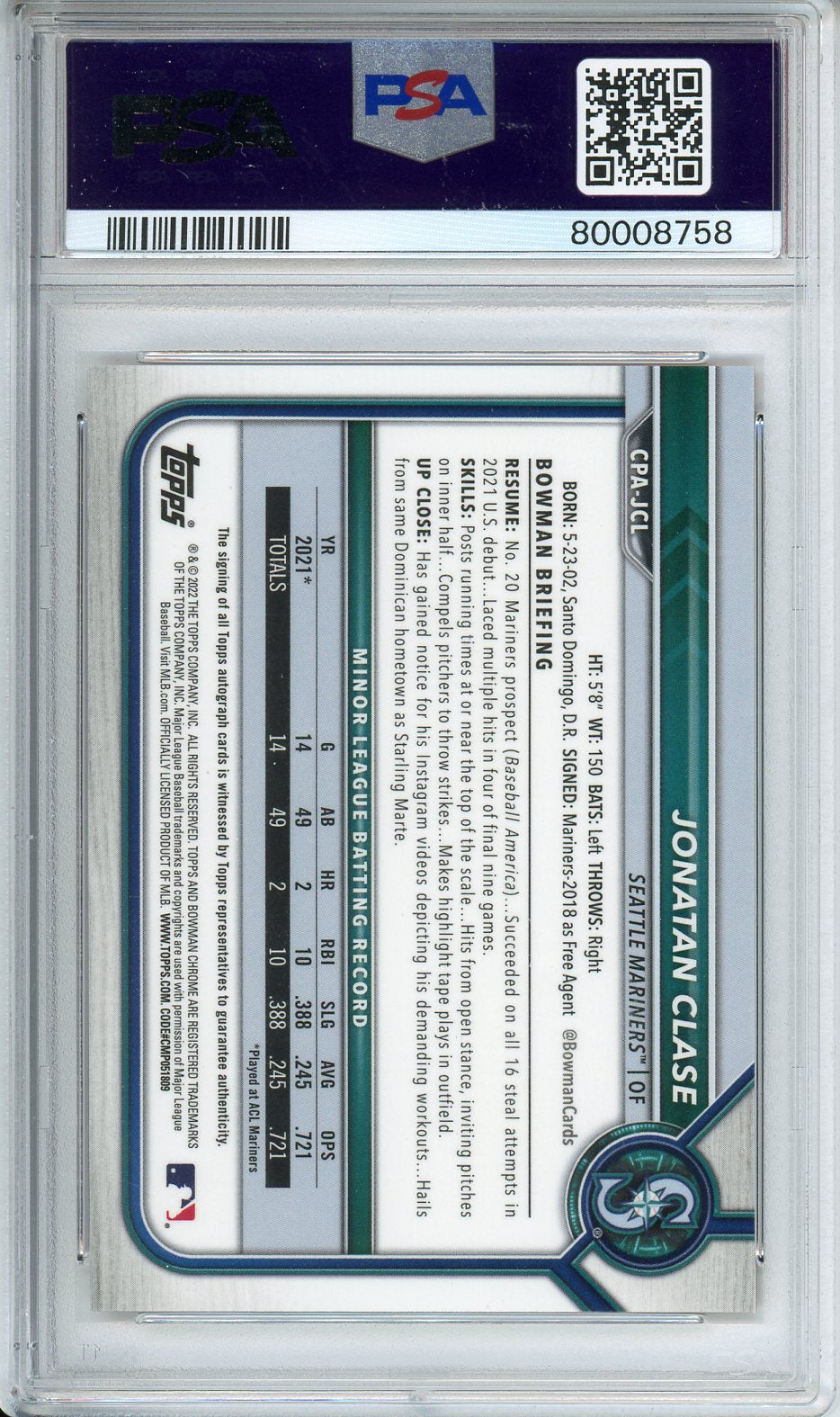 2022 Bowman Jonatan Clase CHR.PROS.AUTO.ORANGE REF. #CPAJCL PSA 10