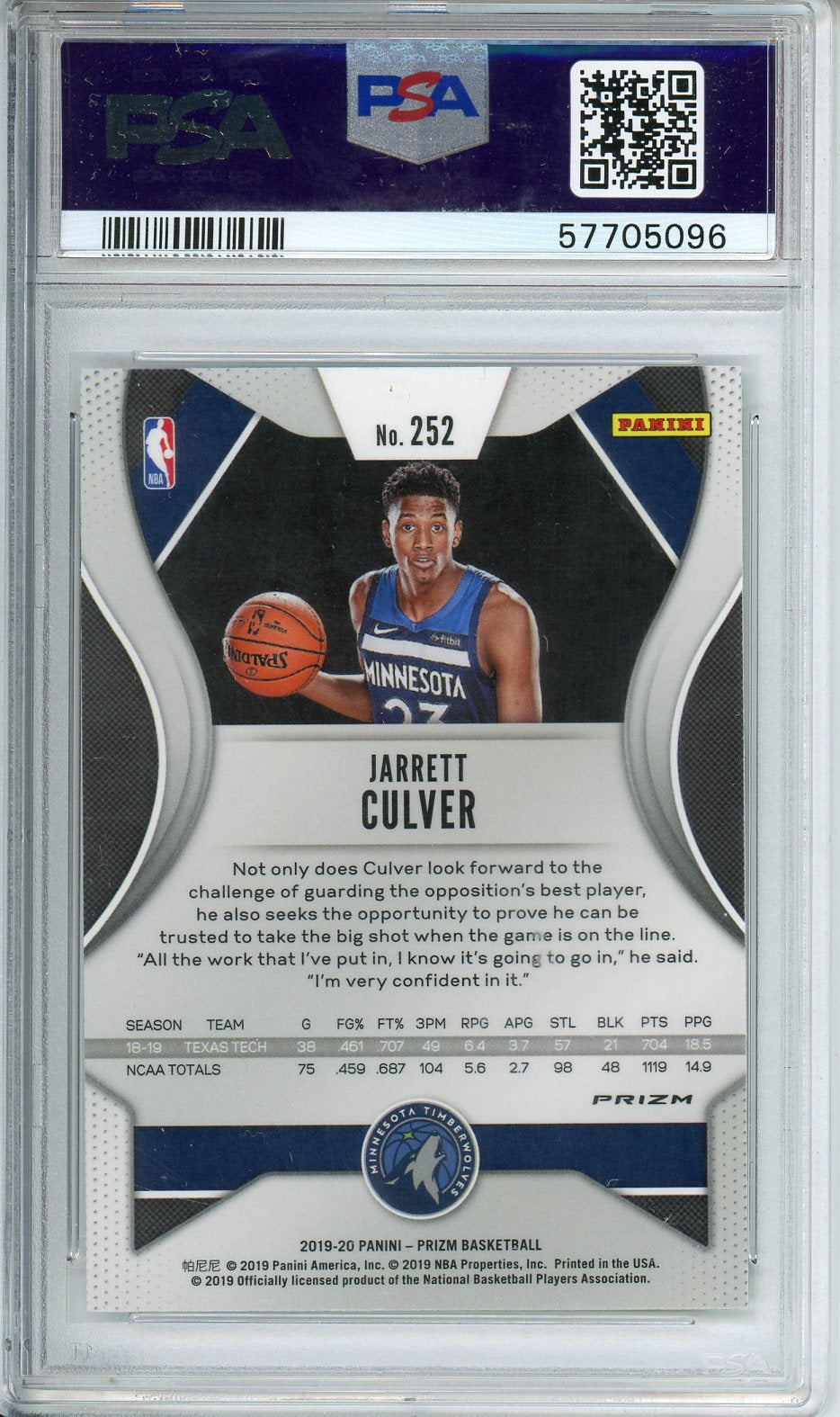 2019 Panini Prizm Jarrett Culver Dribbling - Fast Break Prizm #252 PSA 10