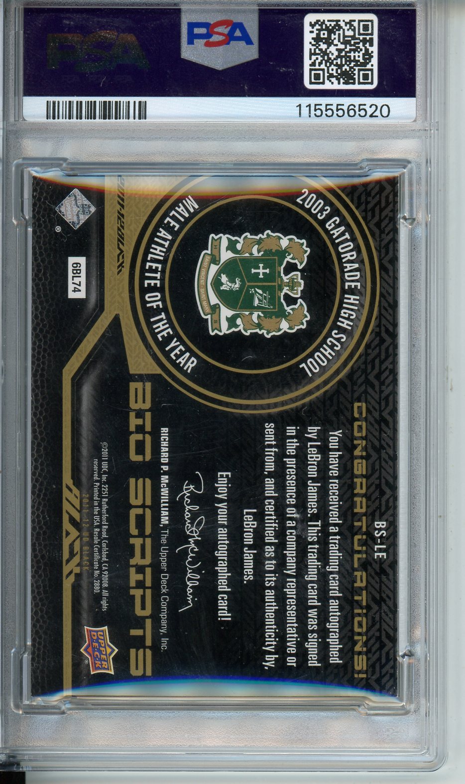2011 U.D. Black LeBron James Bio Scripts #BS-LE PSA 8