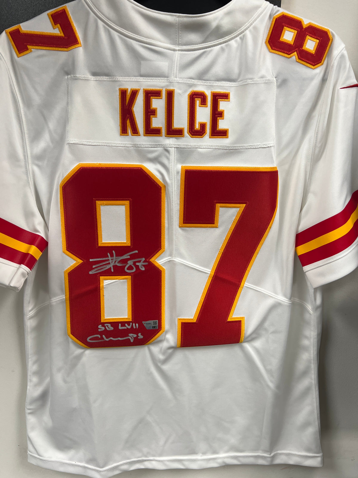 Travis Kelce Kansas City Chiefs Nike SB LVII Champs Autographed Football Jersey Fanatics COA