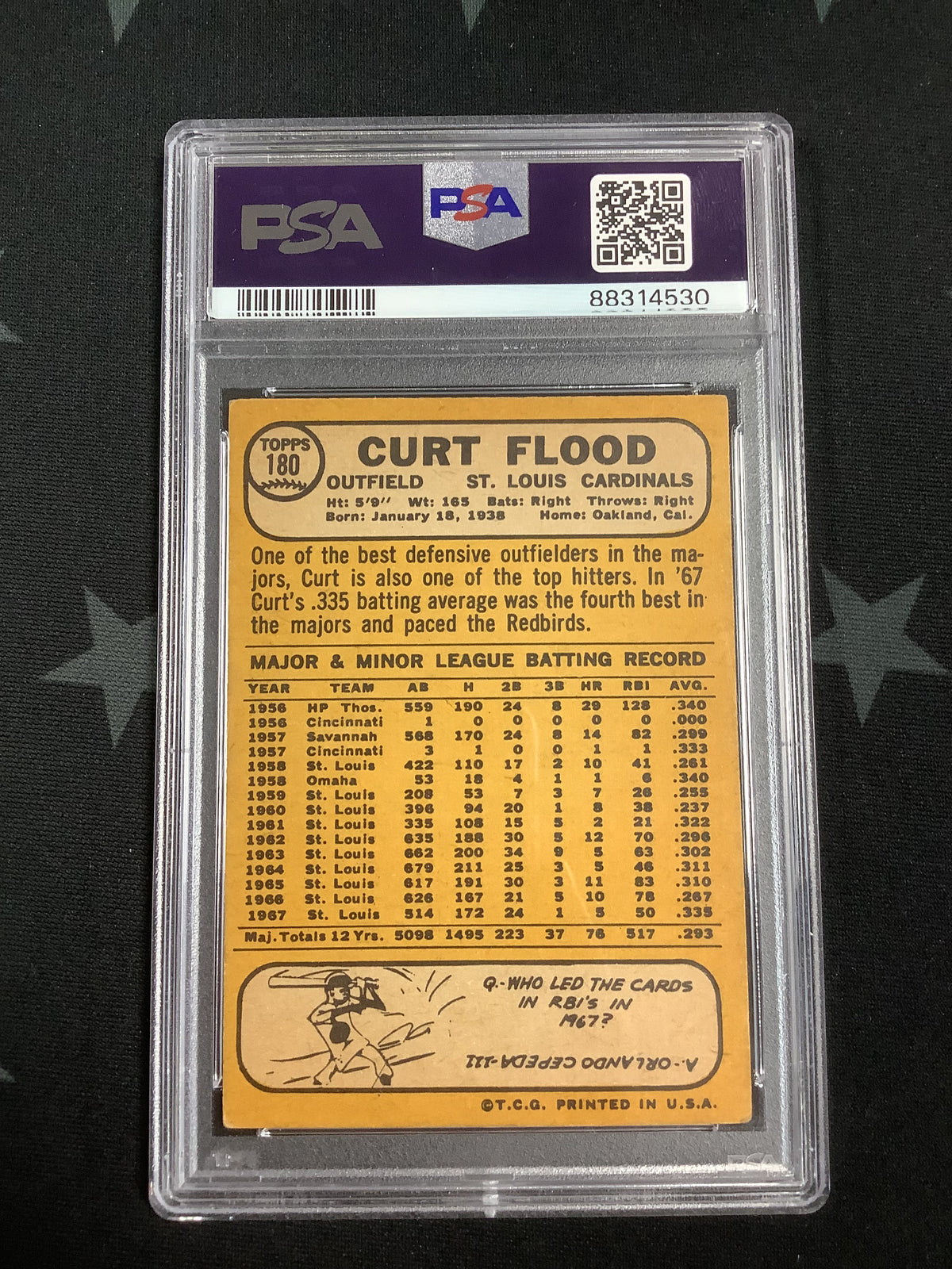 1968 TOPPS BASEBALL CURT FLOOD #180 PSA VG 3