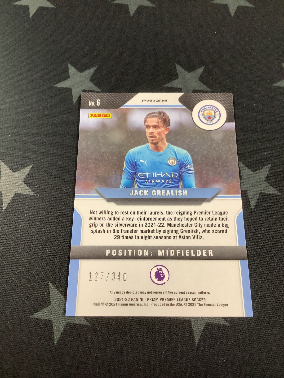 2021-22 PRIZM PREMIER LEAGUE SOCCER JACK GREALISH BLUE PRIZM /340 MAN CITY