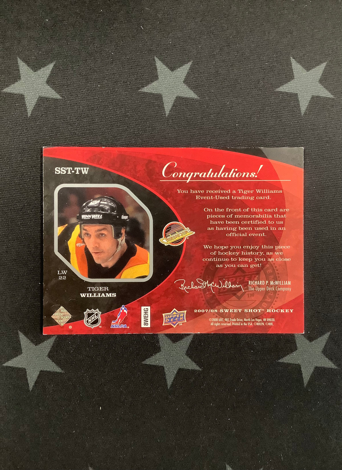 2007/08 UPPER DECK SWEET SHOT HOCKEY SWEET STITCHES TIGER WILLIAMS PATCH #SST-TW /299