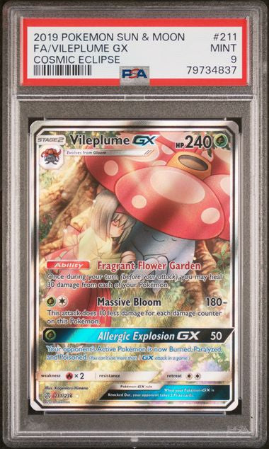 2019 POKEMON SUN AND MOON COSMIC ECLIPSE VILEPLUME GX #211 PSA MINT 9