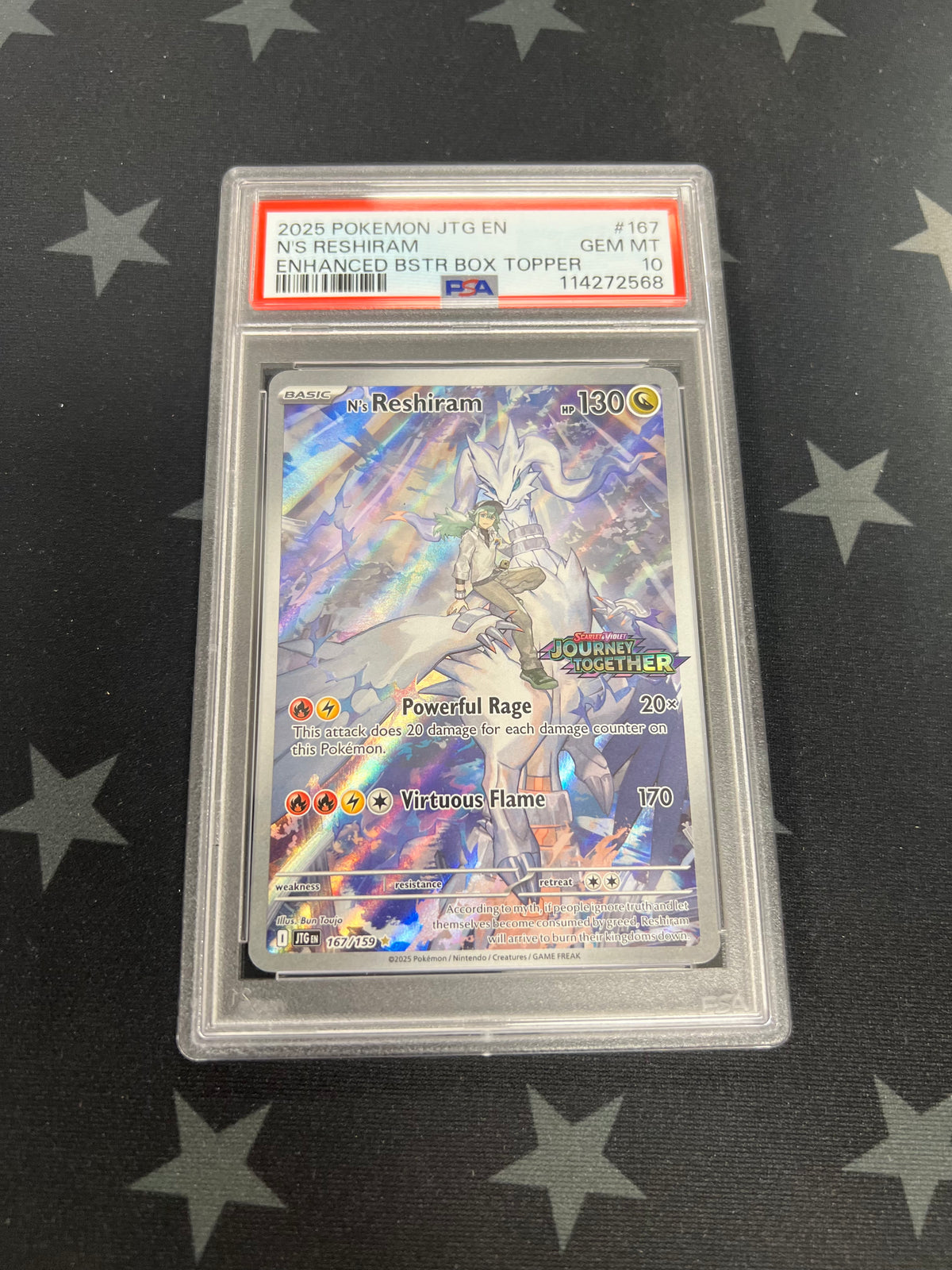 2025 Pokemon FA N&#39;s Reshiram 167/159 Box Topper Stamped (JTG) PSA 10 GEM MT