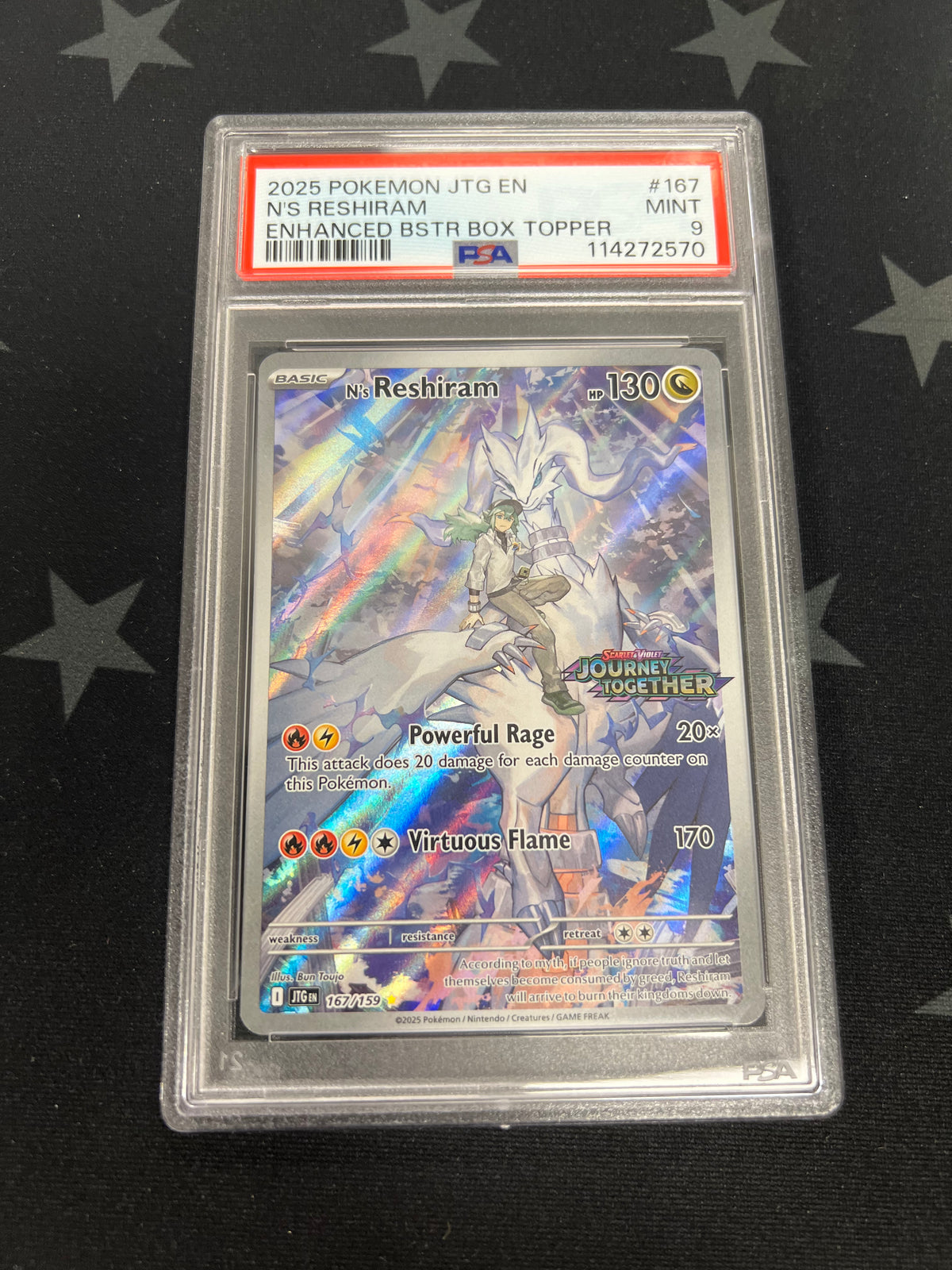 2025 Pokemon Full Art N&#39;s Reshiram 167/159 Box Topper Stamped Promo (JTG) PSA 9 MINT