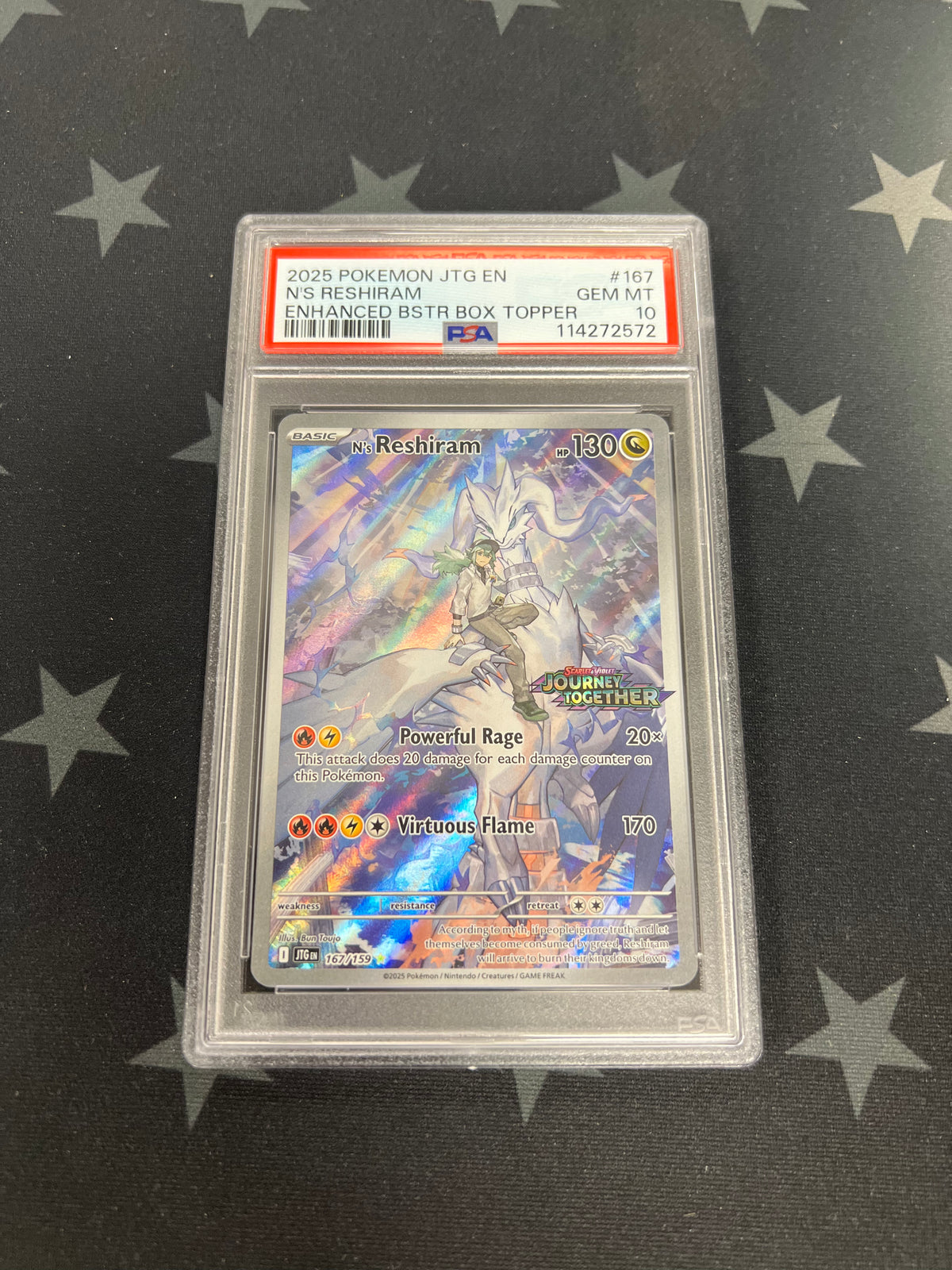 2025 Pokemon FA N&#39;s Reshiram 167/159 Box Topper Stamped (JTG) PSA 10 GEM MT