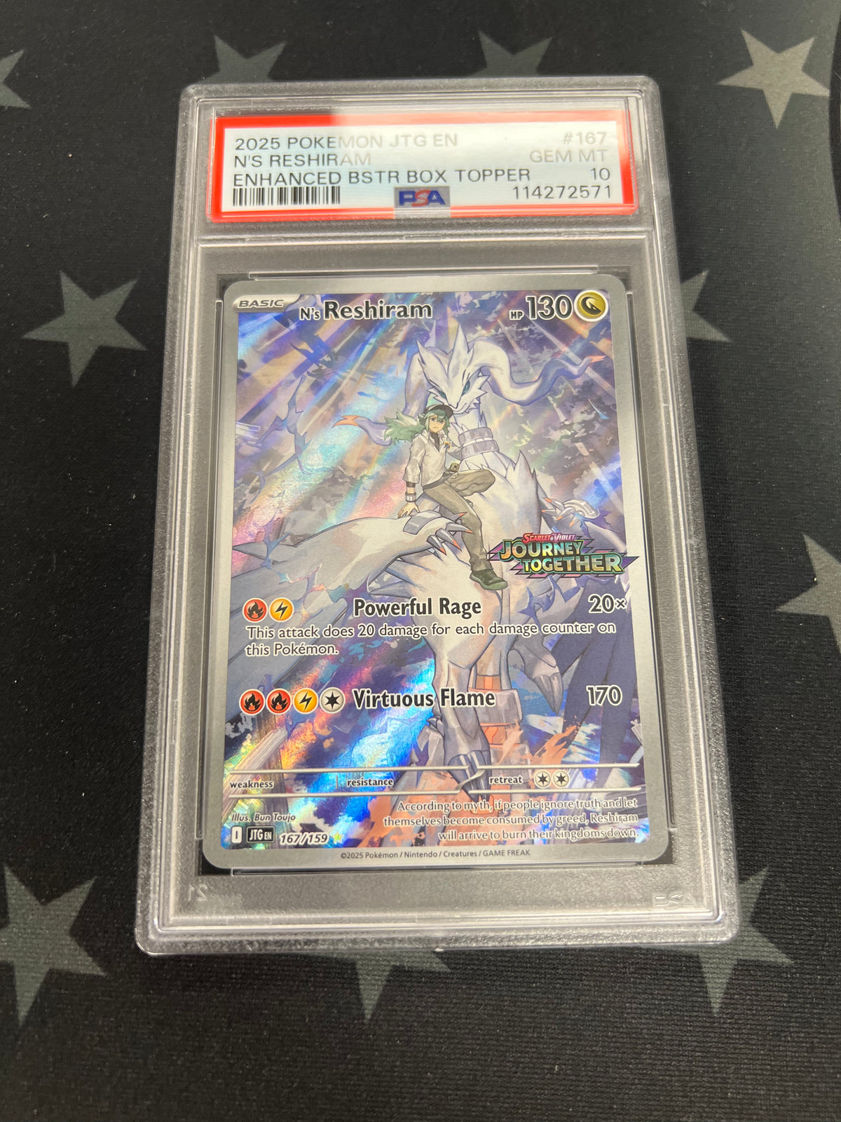 2025 Pokemon FA N&#39;s Reshiram 167/159 Box Topper Stamped (JTG) PSA 10 GEM MT