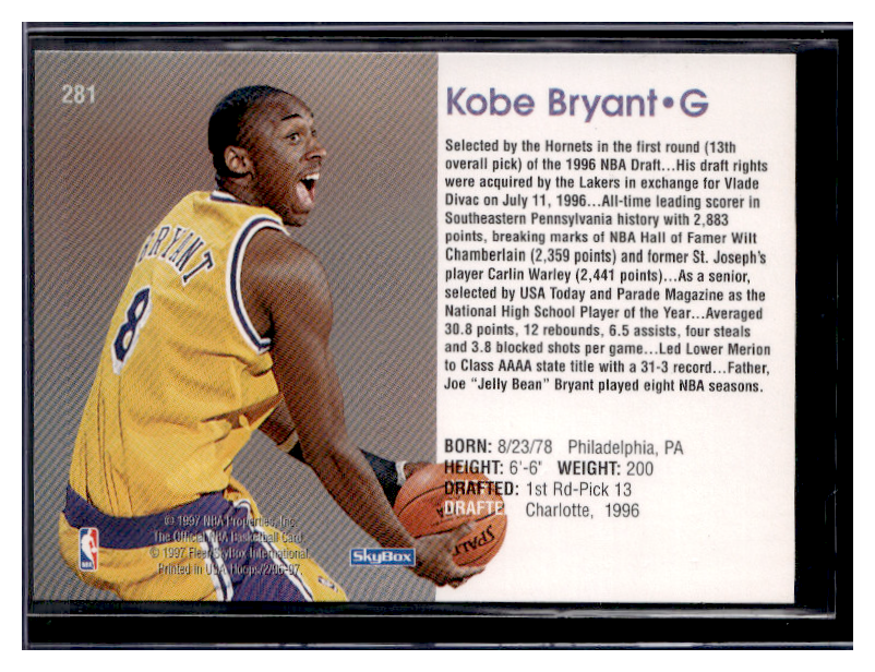 1996/97 KOBE BRYANT NBA HOOPS OFFICIAL SKYBOX ROOKIES 281 CARD