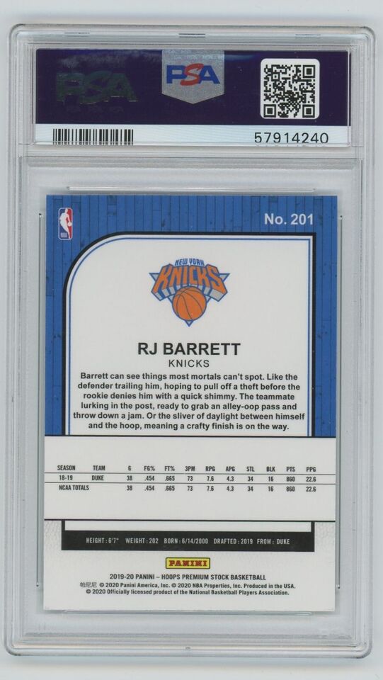 2019 HOOPS PREMIUM STOCK RJ BARRETT NEW YORK KNICKS ROOKIE PSA 10 #201