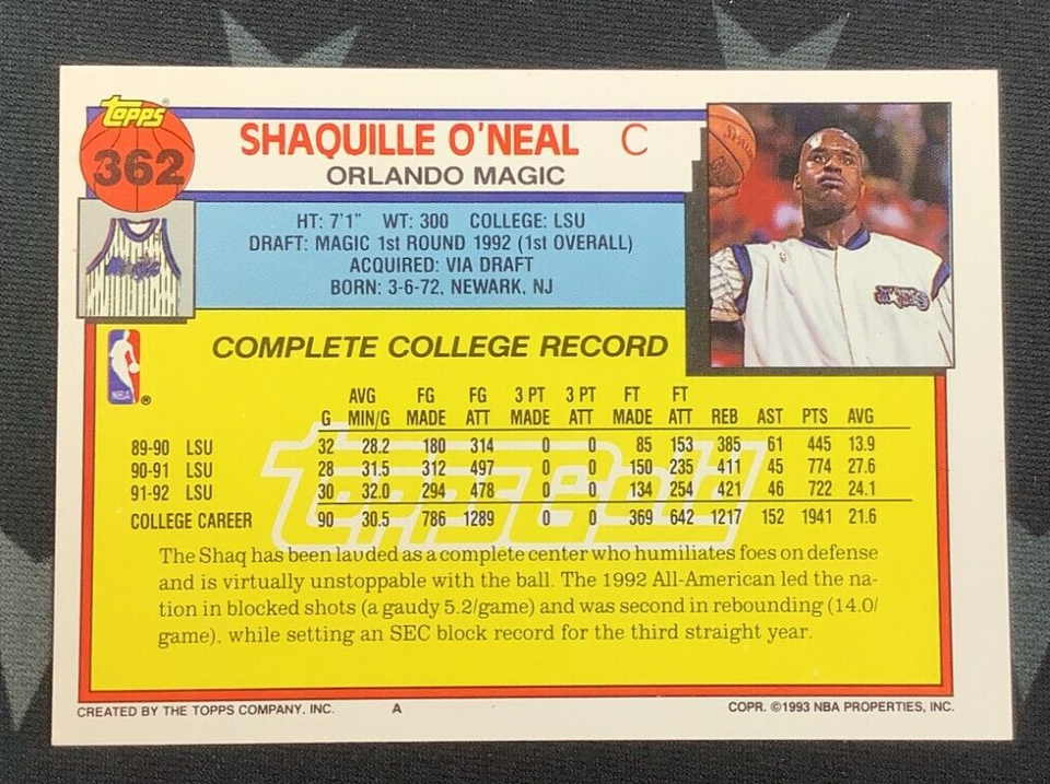 1993 SHAQUILLE O&#39;NEAL TOPPS GOLD BASKETBALL ROOKIE 362